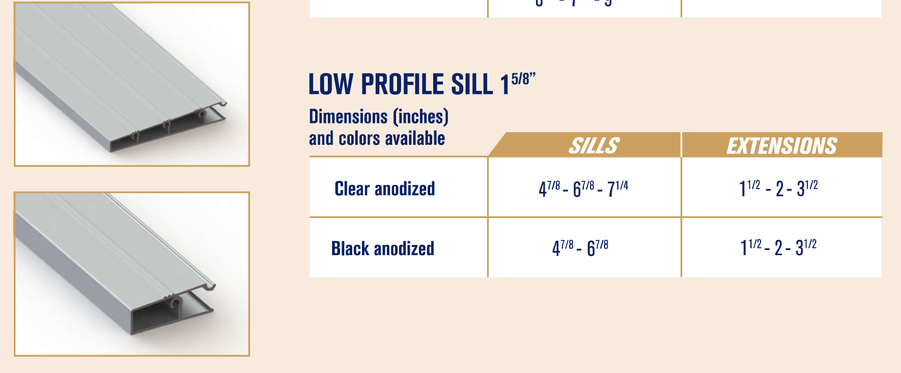Low-profile sill dimensions and available colours