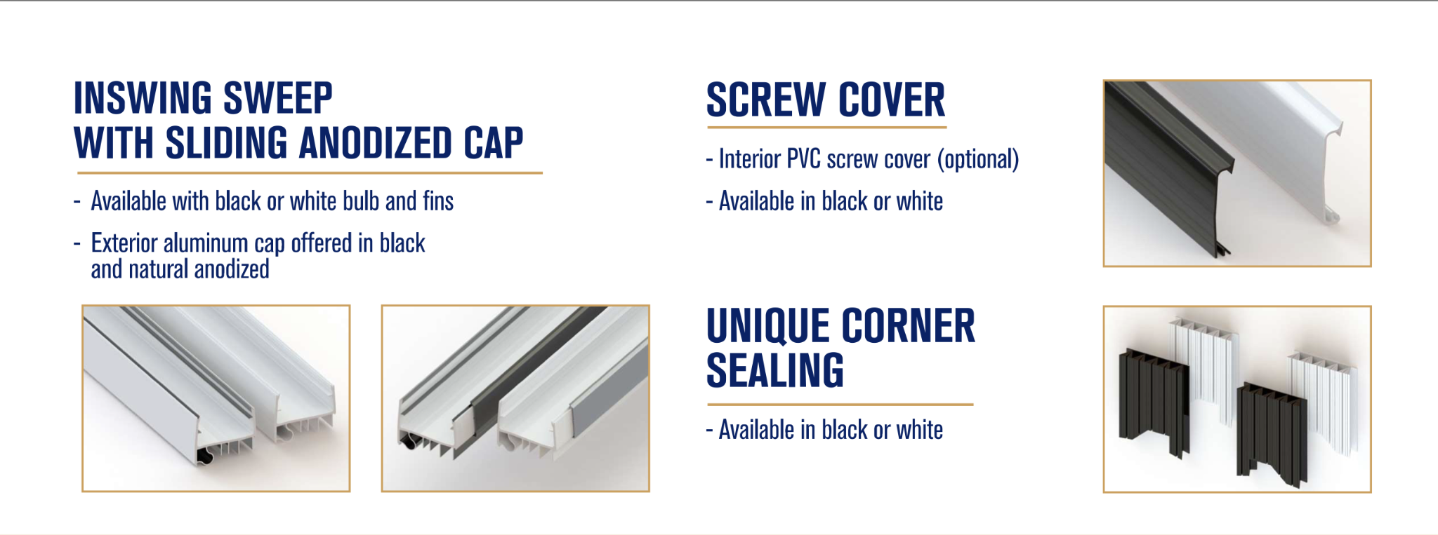 Inswing sweep, screw cover and unique corner sealing details